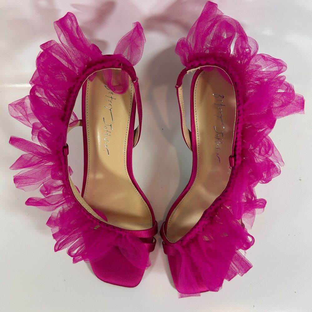 Betsy Johnson SB-Devon Size 8 Tulle Ruffle Slingback Heels Hot Pink Green - Picture 11 of 11